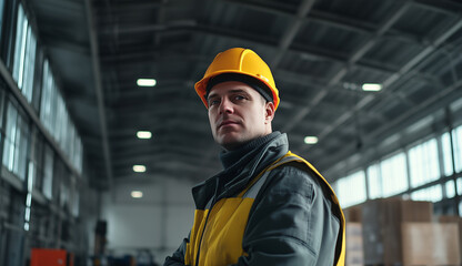 male construction worker in an orange uniform and helmet standing at a construction site, representing safety and professionalism in an industrial environment.