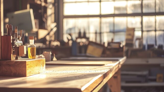 Sunlit artisanal workshop with tools and wooden surfaces