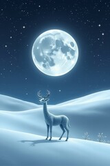 there is a deer standing in the snow with a full moon in the background