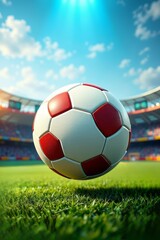 Fototapeta premium a close up of a soccer ball on a field with a stadium in the background