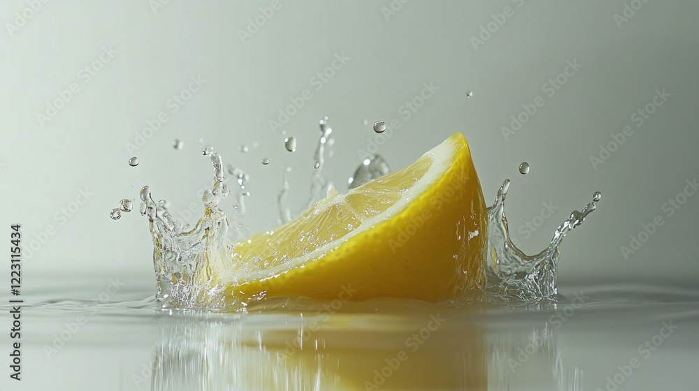Poster lemon slice in water, surrounded by a splashing effect and reflection on the surface