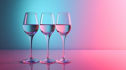 Three wine glasses reflecting pastel lights on a modern backdrop