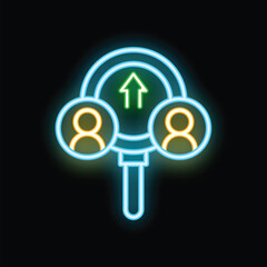 Neon icon representing the concept of recruitment with a magnifying glass focusing on potential candidates