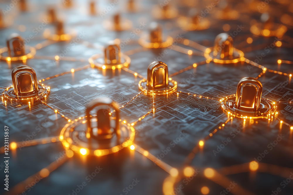 Poster A close-up view of a futuristic network, featuring glowing nodes connected by intricate lines, symbolizing digital communication and connectivity.