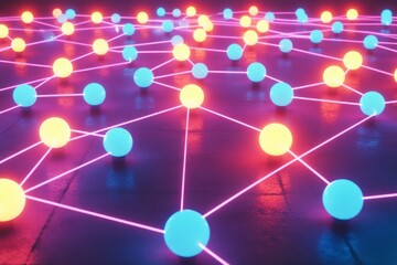 Colorful network of glowing spheres with neon connections on floor