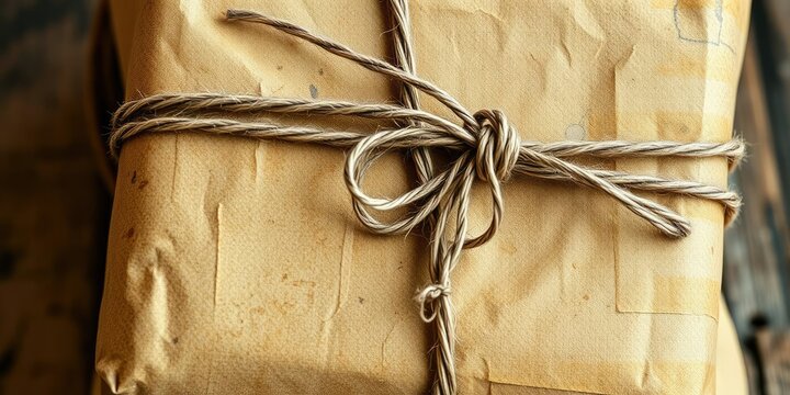 Close-up shot of a weathered vintage package wrapped in twine, showcasing intricate details and textures, tied knot, designota
