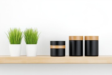 Stylish arrangement of black and wooden containers on a wooden shelf with green plants