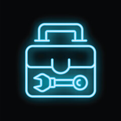 Neon blue toolbox icon is glowing against a black background, suggesting concepts of repair and maintenance