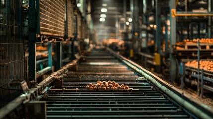 Industrial bread production line in a bakery with warm lighting
