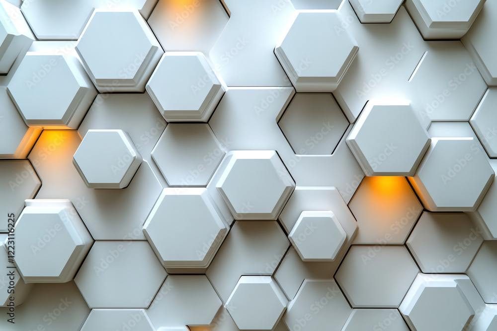 Poster A modern hexagonal pattern featuring white panels with soft lighting. This stylish design is perfect for backgrounds, wallpapers, or digital artwork.