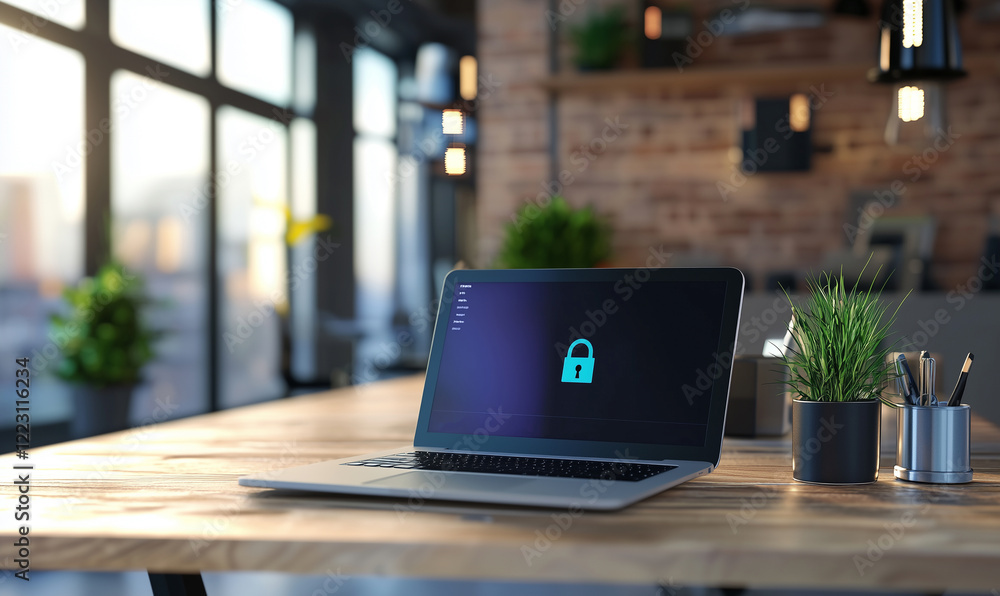 Aufkleber modern workspace featuring a laptop with a lock symbol, emphasizing security and productivity.