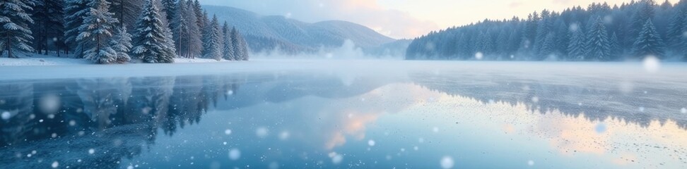 powdery flakes gently falling on a frozen lake, peacefulness, frozen lake