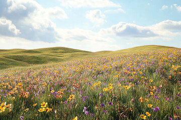 Obraz premium A picturesque landscape showcasing a vibrant field of wildflowers under a blue sky, with gently rolling hills in the background, perfect for nature lovers.