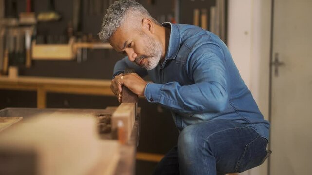 Focused craftsman sanding wood and blowing off dust in a workshop. Mature woodworker carefully refining the wooden surface, demonstrating attention to detail and precision