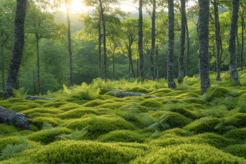 A serene forest scene showcasing vibrant green moss covering the ground, illuminated by soft sunlight filtering through trees, reflecting nature's beauty.