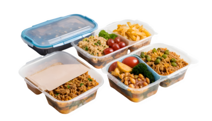 Quick and easy disposable plastic lunch boxes for takeout meals, though not the healthiest, featured on a white background