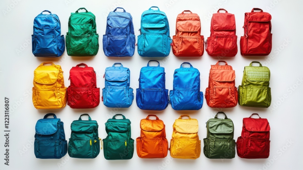 Poster colorful display of backpacks arranged in a grid, showcasing various colors and styles