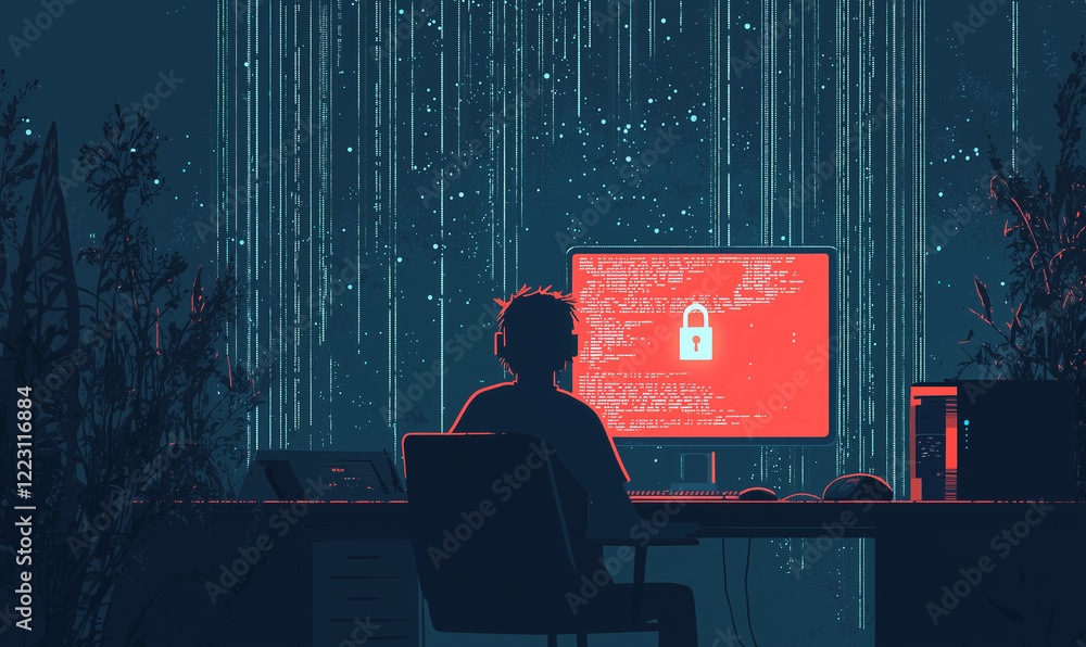Aufkleber a person sits in front of a glowing screen surrounded by digital code, evoking a cyber or tech theme