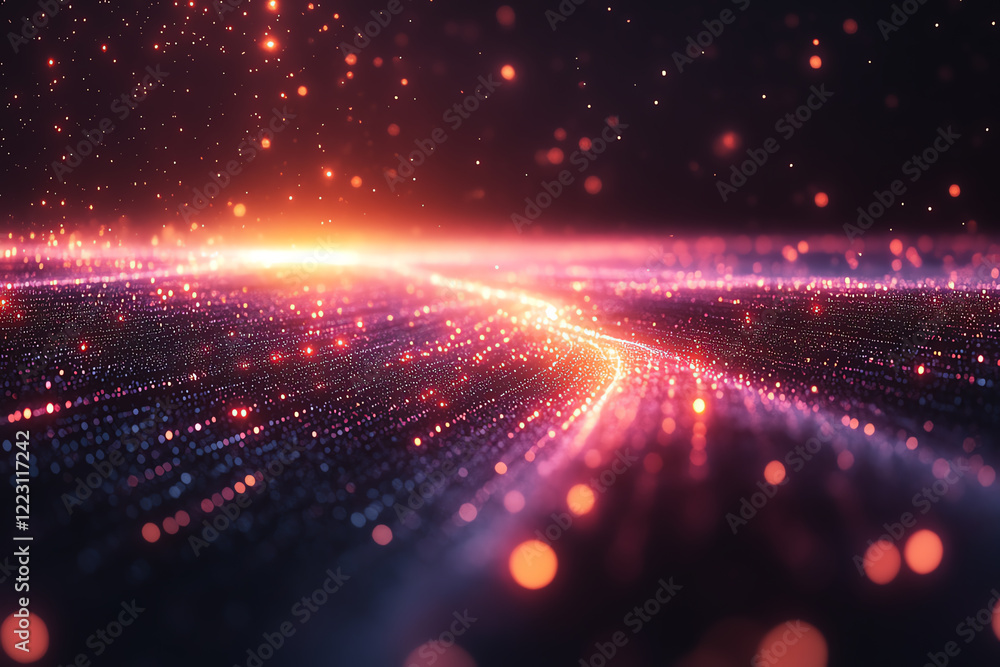 Poster a stunning abstract representation of technological advancement, featuring vibrant particles and glo