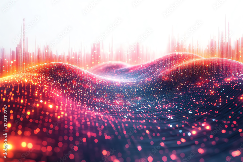 Aufkleber A stunning abstract visualization of digital waves, showcasing vibrant colors and glowing particles, creating a sense of depth and motion in a tech-inspired landscape.