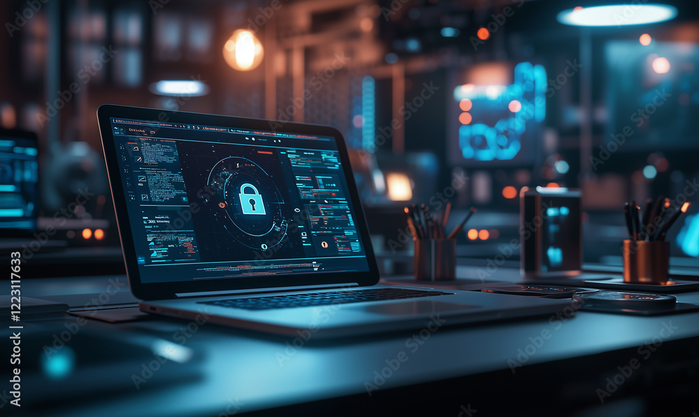 Poster high-tech workspace featuring a laptop with cybersecurity graphics and a modern, illuminated environ