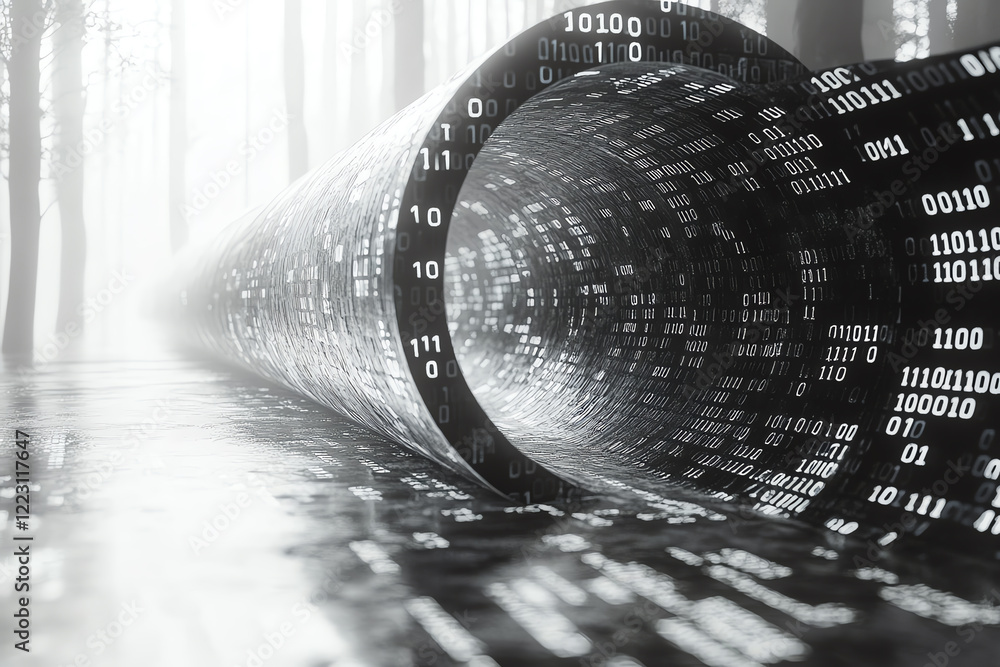 Poster A surreal representation of data flowing through a cylindrical tunnel, merging nature and technology in a captivating, digital landscape.