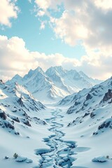 Obraz premium snowy mountain landscape with a stream of water in the middle