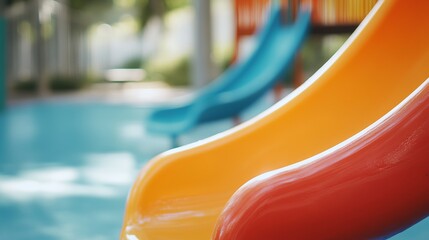 A slide is made of plastic and is red, yellow, and blue