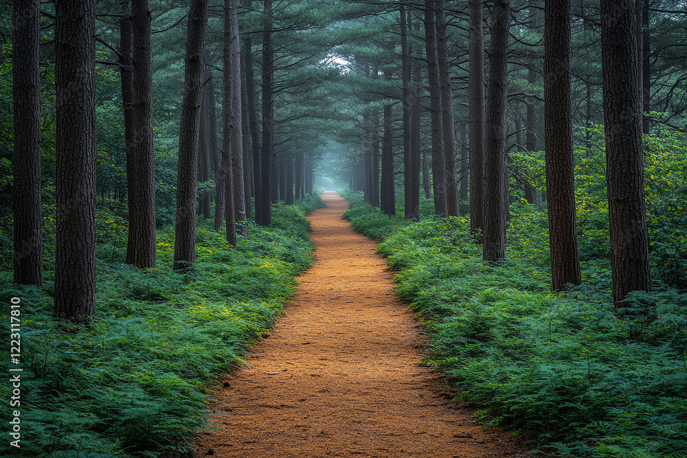Aufkleber a tranquil forest pathway surrounded by tall trees and lush greenery, inviting serene walks through 