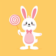 Cute cartoon bunny with lollipop isolated flat vector illustration