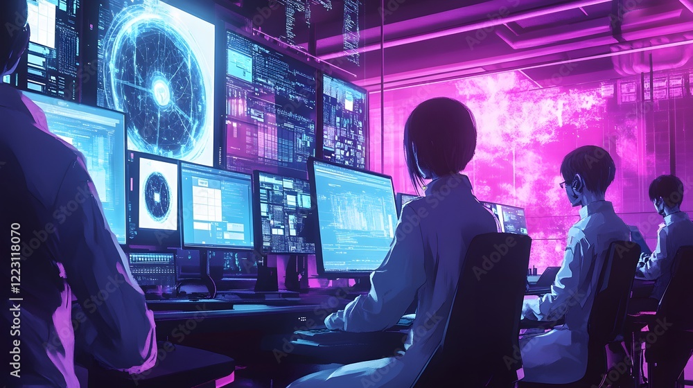 Poster tech enthusiasts analyzing data, group of diverse individuals in modern workspace with vibrant scree