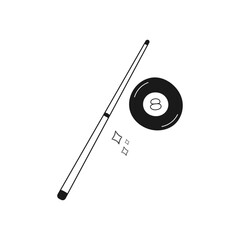 Billiard cue and 8 ball vector illustration. Minimalist black and white design. Pool hall branding, sports blogs, posters, and merchandise. Leisure and entertainment concept.