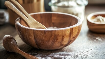 Rustic kitchen setup with wooden bowls and cooking utensils