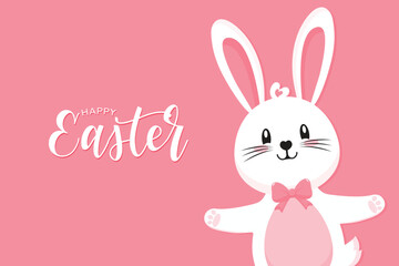 Happy Easter postcard in pink color with cute Easter Bunny flat vector illustration