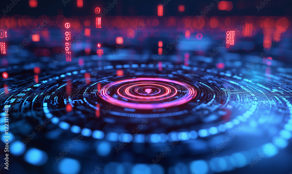 Aufkleber abstract digital art featuring glowing circles and data streams in vibrant colors.