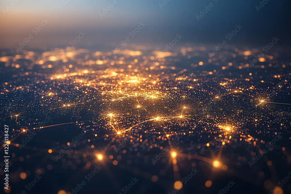 Leinwandbilder Aerial view of a glowing city network, showcasing interconnected lights representing data flow and technological advancement in modern civilization.