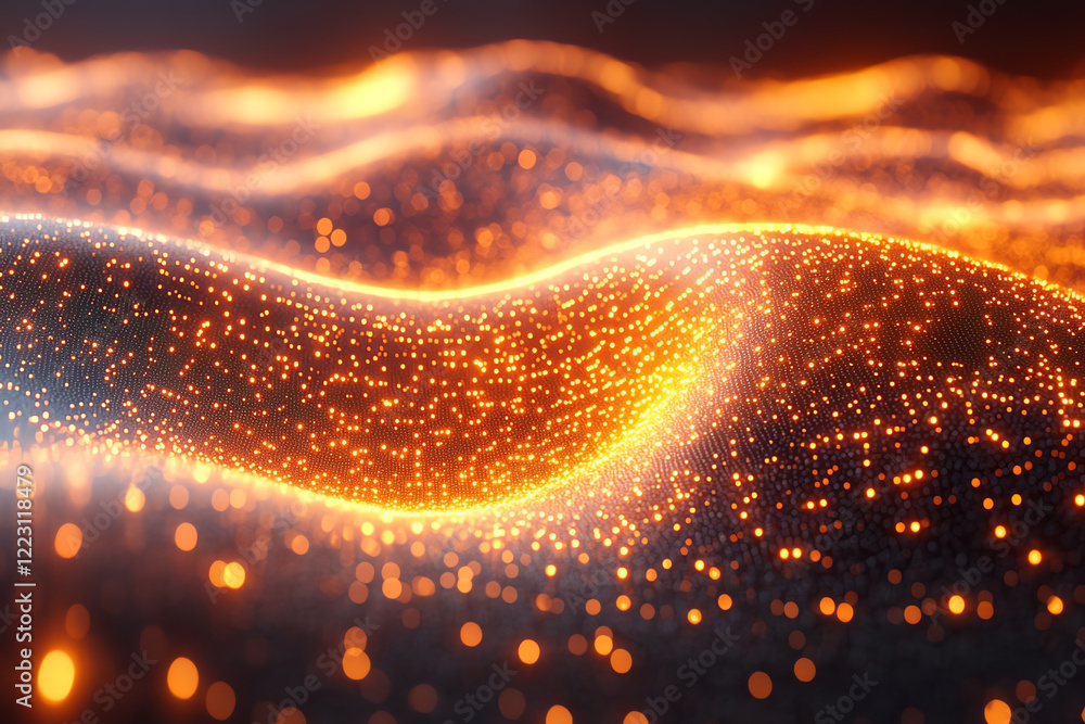 Leinwandbilder An abstract depiction of glowing particles creating fluid wave patterns, resembling a captivating flowing surface of light and energy.