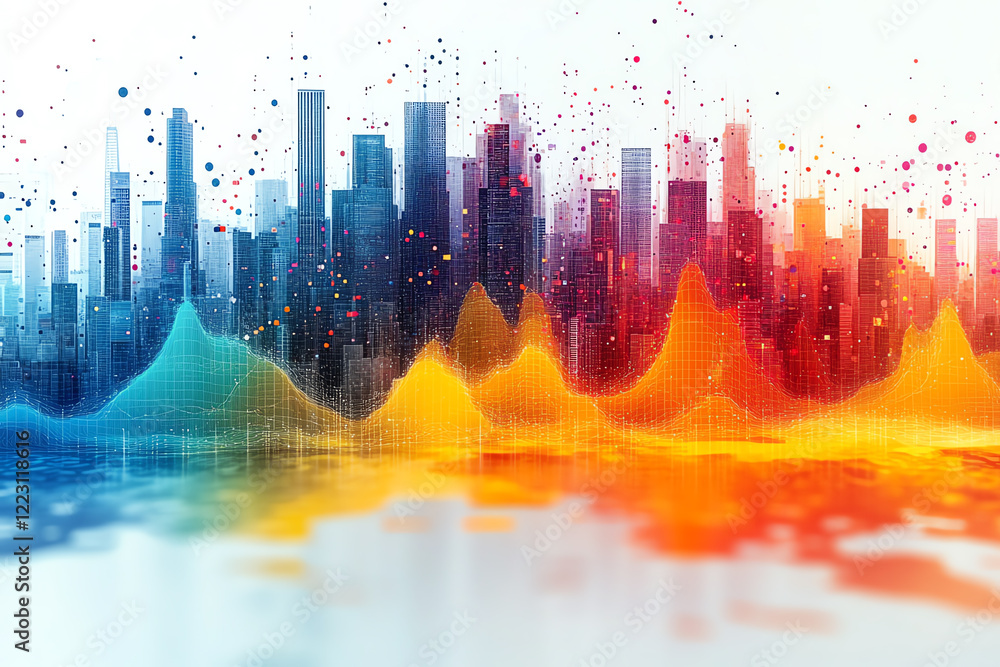 Poster an abstract representation of sound waves over a modern city skyline, blending vibrant colors to ill