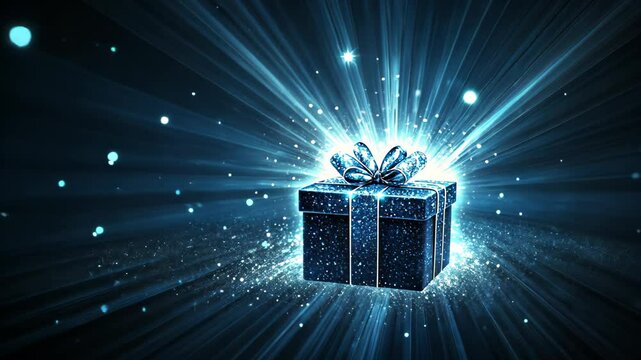A sparkling blue gift box with a shimmering bow sits on a dark background, creating a magical and celebratory atmosphere.