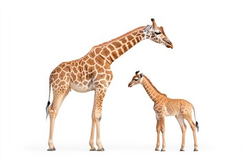 Fototapeta premium Adult and baby giraffe standing together against a plain background, showcasing their unique patterns