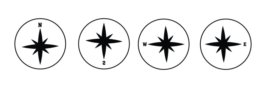 Compass icon. Nautical compass for travel with sign of north, south, west, east. Set of logo for map and navigation. Symbol of direction. Arrow, dial for orientation of latitude, longitude. Vector