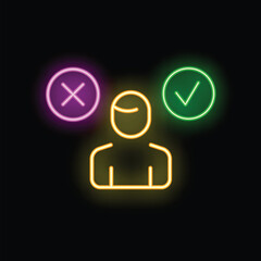 Neon icon of person deciding between right and wrong answer, making important choice or vote