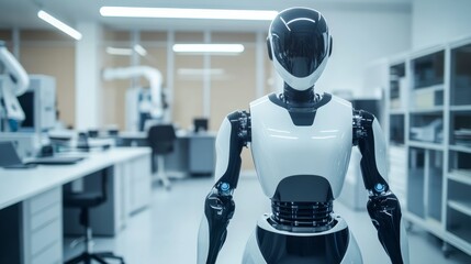 A full-body view of a humanoid robot with a sleek, futuristic design and integrated tech features, positioned in a clean
