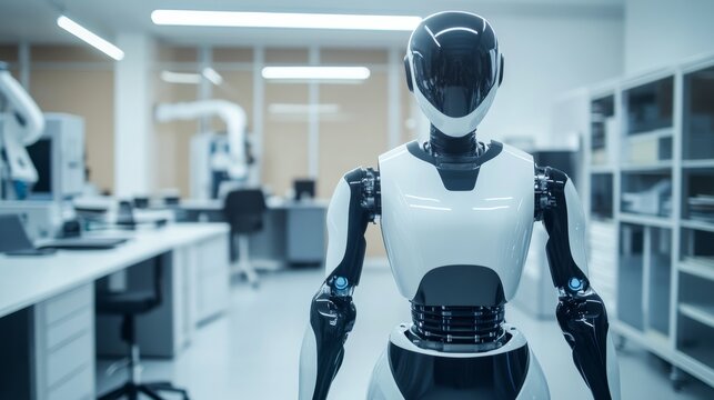 A full-body view of a humanoid robot with a sleek, futuristic design and integrated tech features, positioned in a clean