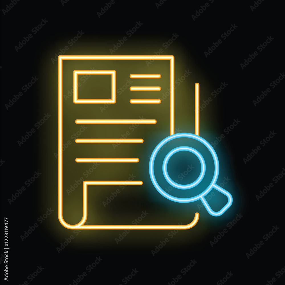 Poster glowing neon icon of a magnifying glass examining a document, representing the concept of fact check