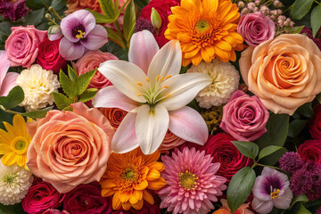 Vibrant floral arrangement with lilies, roses, and gerbera daisies.