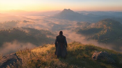 Fototapeta premium Majestic sunrise over misty mountains, figure gazing into serene