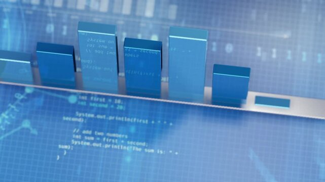 Increasing 3D bar chart and steel arrow on digital screen showing financial market trends. Rotation camera movement with depth of field, 4K resolution animation.