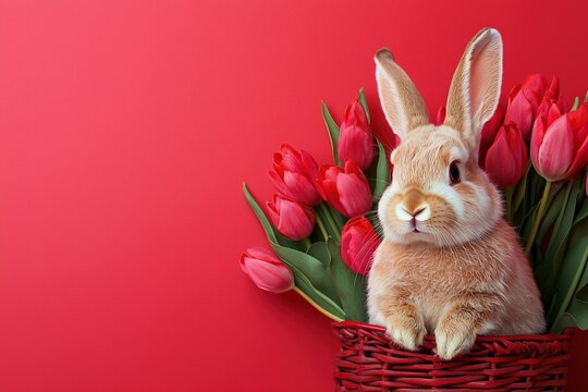 Osterhase mit Tulpen, Oster Hintergrund mit freiem Platz f&uuml;r Text 