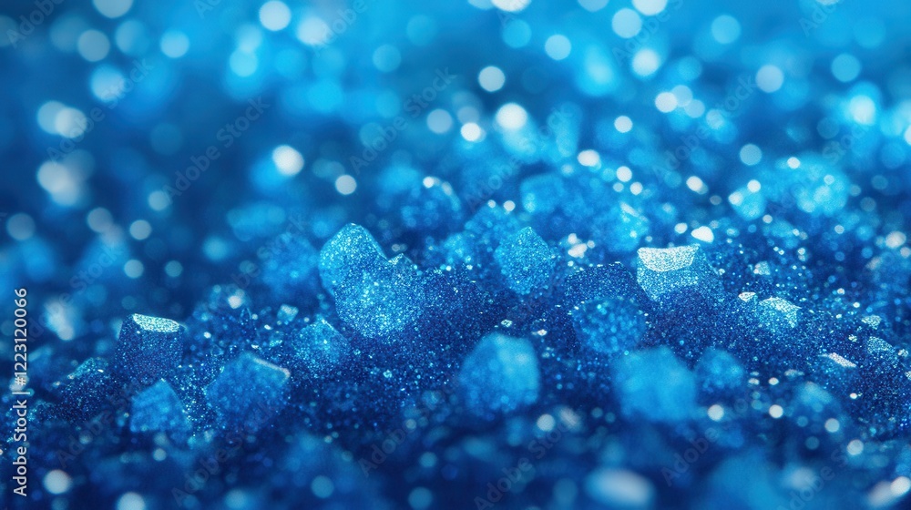 Poster close-up of shimmering blue crystals with a sparkling bokeh background